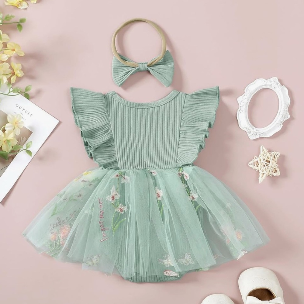 Sage Green Baby Dress with Headband